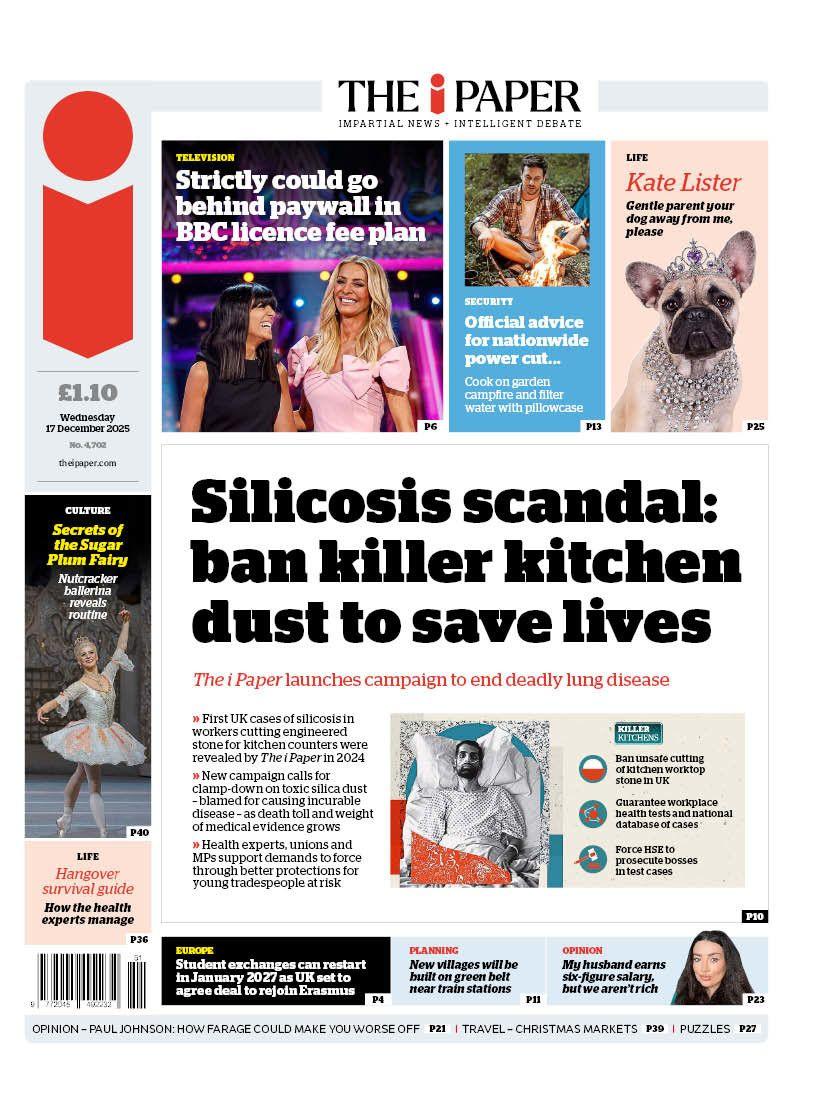 The headline on the front page of the i Paper reads: "Silicosis scandal: ban killer kitchen dust to save lives".