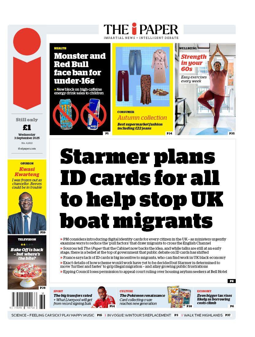 The headline on the front page of the i Paper reads: "Starmer plans ID cards for all to help stop UK boat migrants".