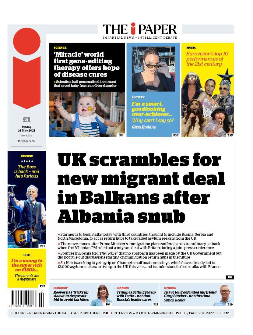 The headline on the front page of the i Paper reads: "UK scrambles for new migrant deal in Balkans after Albania snub".