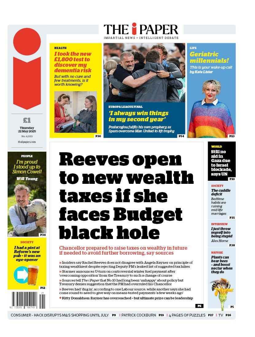 The headline on the front page of the i Paper reads: "Reeves open to new wealth taxes if she faces Budget black hole".