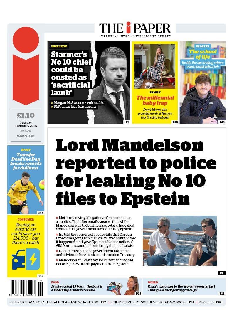 “Lord Mandelson u raportua në polici për rrjedhjen e dosjeve nr. 10 te Epstein”, shkruhet në titullin kryesor në faqen e parë të gazetës iPaper.