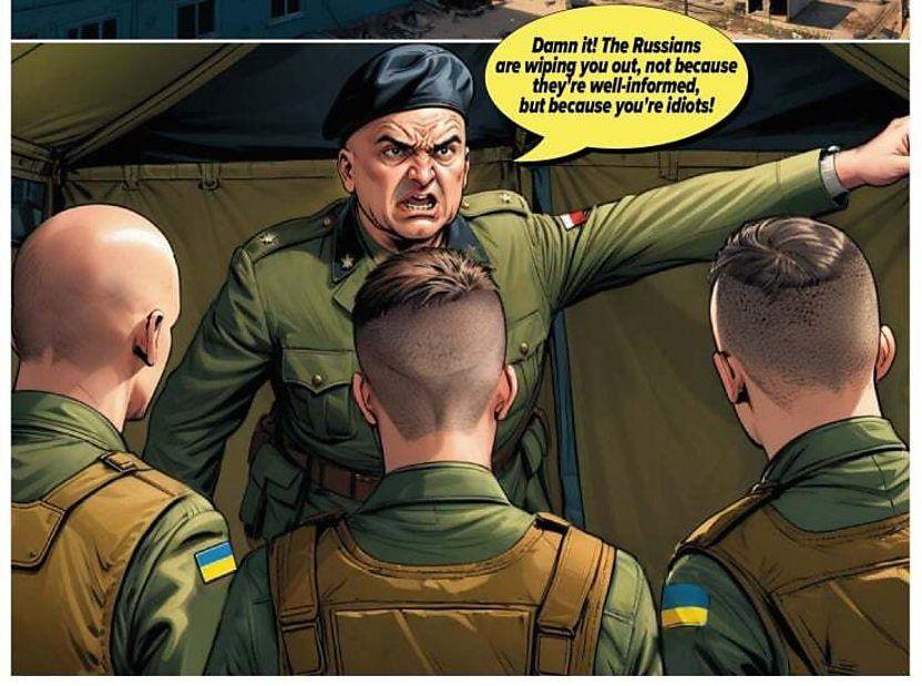 A comic book drawing of a Polish general telling off Ukrainian soldiers