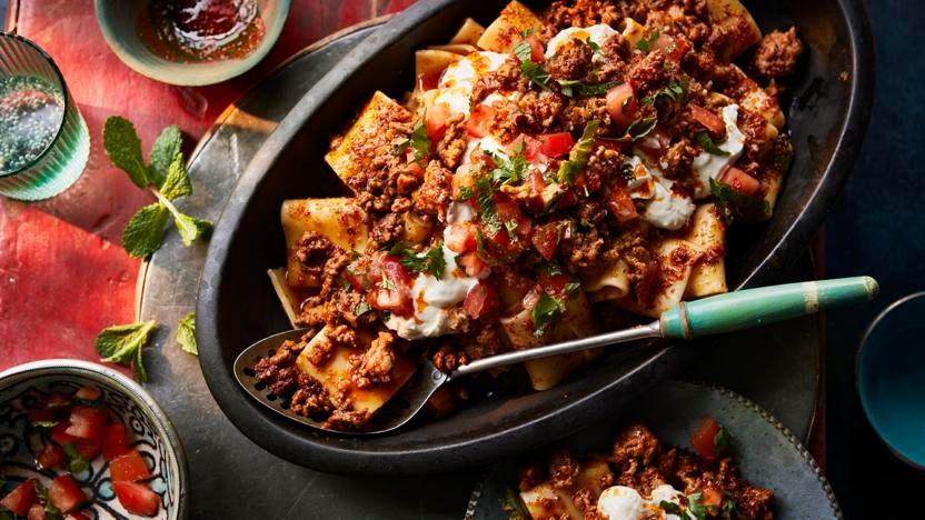 Turkish-style pasta with lamb and chilli butter