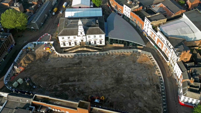 A bird's eye view of the cleared marketplace next to Wetherspoons and the indoor food court