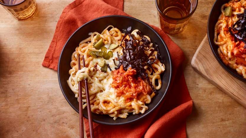 Grilled cheese and kimchi udon noodles