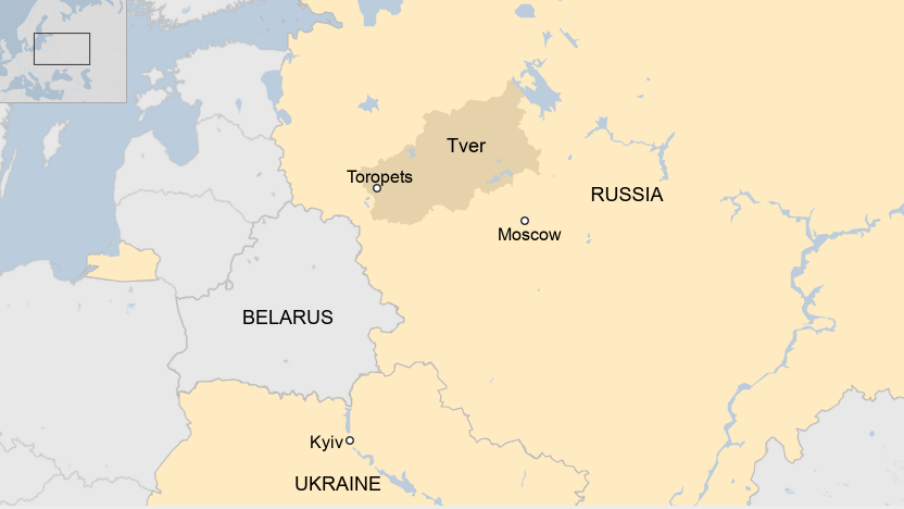 Map showing Tver region with Toropets town and the capital of Moscow in Russia, and Ukraine's capital Kyiv