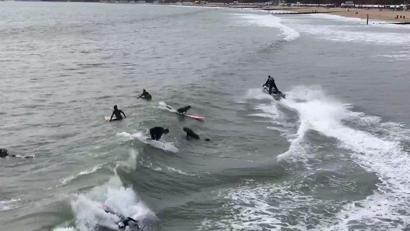 A jet ski passing in front of surfers at Bournemouth Pier