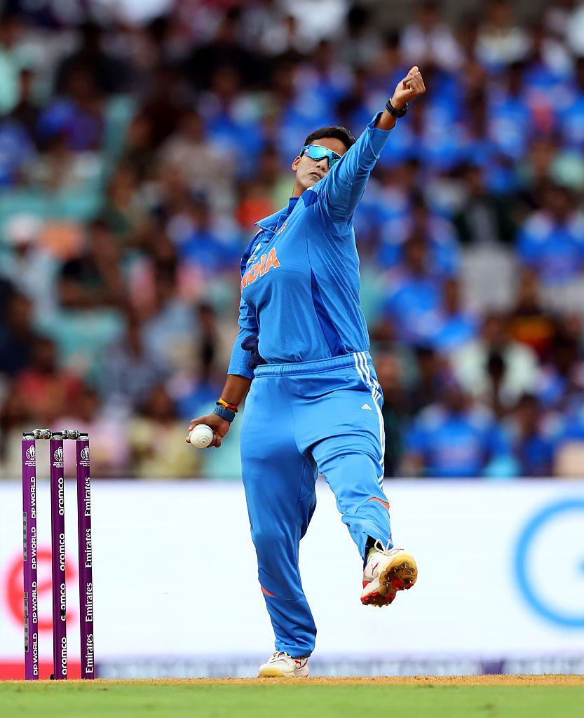 : Deepti Sharma of India bowls during the ICC Women's Cricket World Cup India 2025 match between India and Bangladesh at DY Patil Stadium on October 26, 2025 in Navi Mumbai, India. (Photo by Alex Davidson-ICC/ICC via Getty Images)