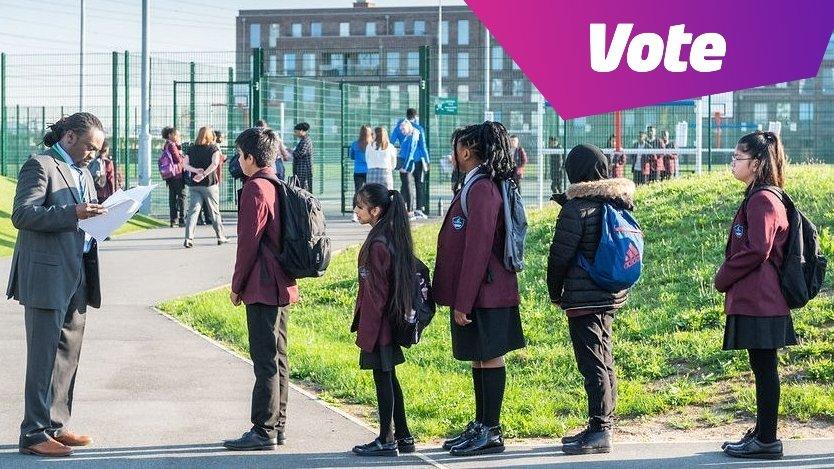 kids lined up outside school