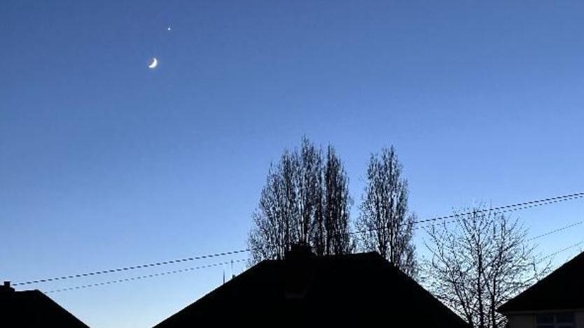 A crescent moon and Venus against a darkening sky, with slanted rooftops, wires and tall trees in shadow.