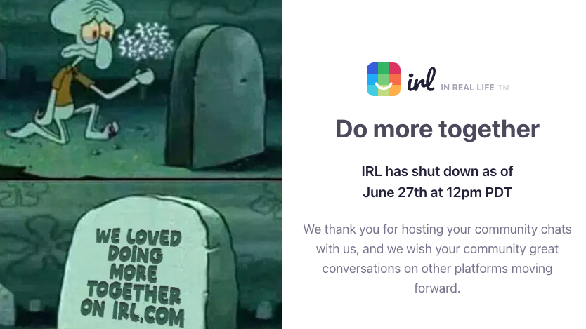 The website of IRL - featuring a charcater laying flowers on a grave as they are sad at the passing of the social media company