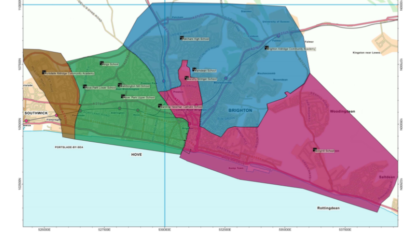 A map with different coloured zones for school admissions in Brighton