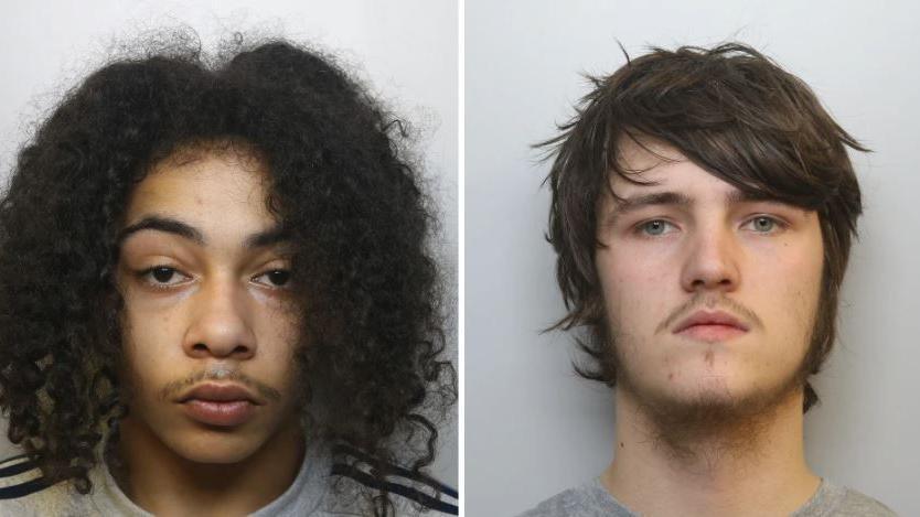 Mug shots of Kodishai Wescott, and Riley Tolliver. Kodishai Wescott has curly brown hair and Riley Tolliver has straight brown hair. 