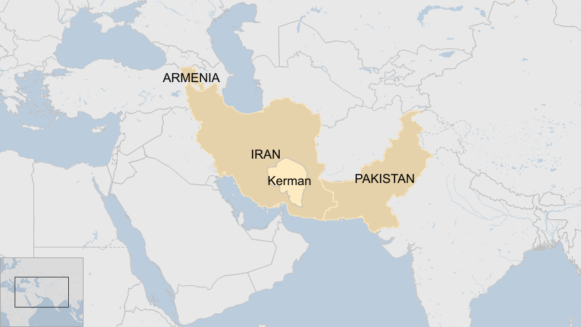 Map shows region of Kerman and where it is located in southern Iran. Map also shows locations of Armenia to the north-west of Iran and Pakistan to the south-east of Iran