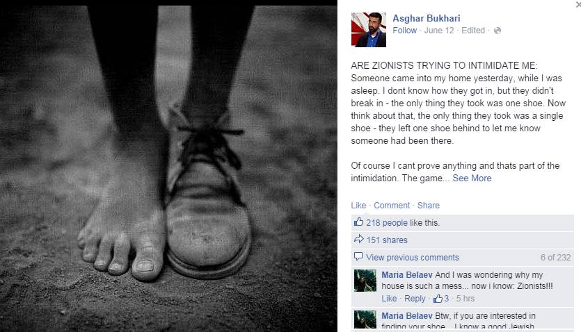 Asghar Bukhari was roundly mocked online after posting allegations that "Zionists" stole one of his shoes