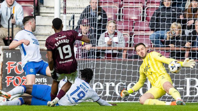 Hearts' Elton Kabangu is denied by Rangers' Jack Butland