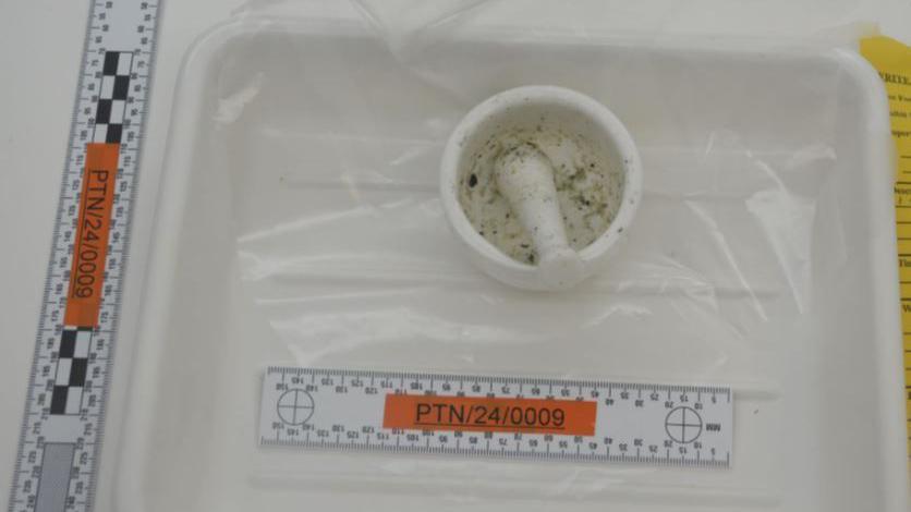 A picture of a pestle and mortar taken as part of police evidence