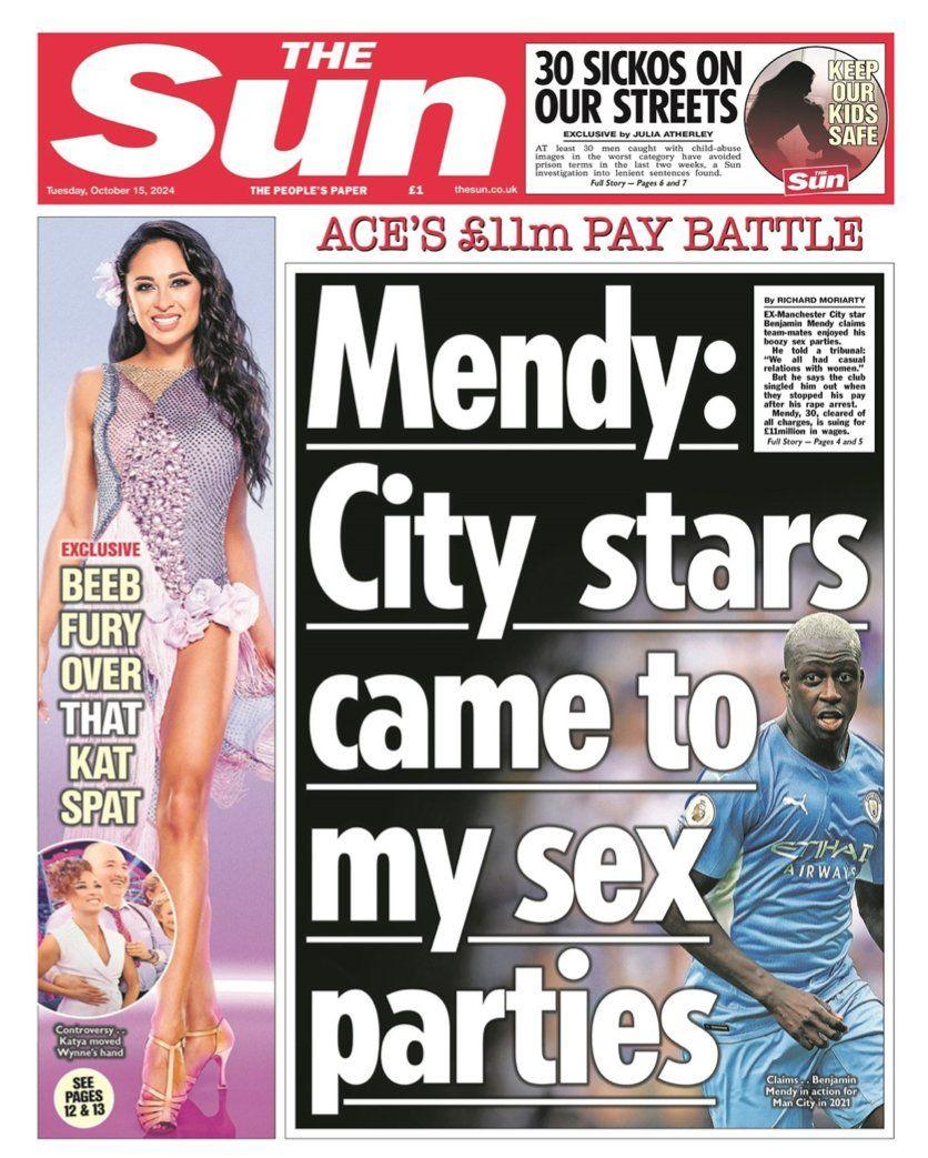 The front page of The Sun with the headline "City Stars came to my sex parties". 