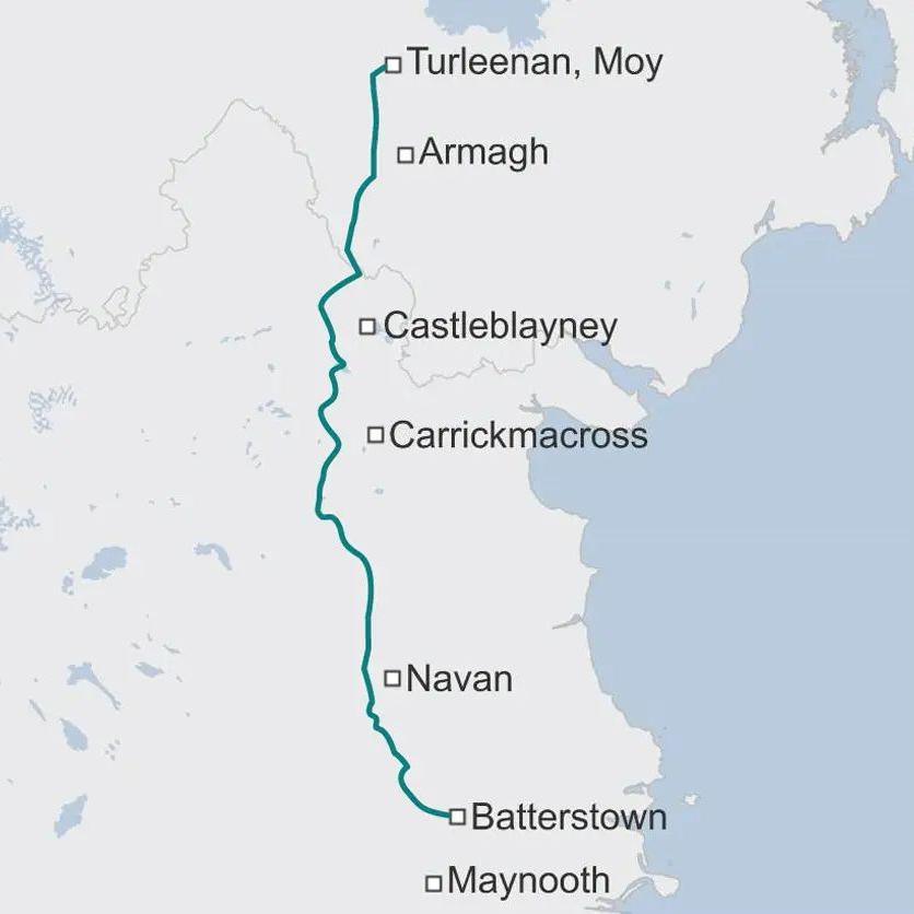 A map showing the route of the North South interconnnnector, beginning at the Northern end in Turleenan, near May in County Tyrone, before travelling South past Armagh city and Navan, then terminating near Batterstown in County Meath.
