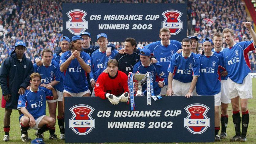 Rangers celebrate their 2002 Scottish League Cup win