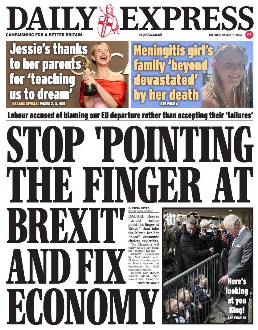 “Ndalo së ‘drejtuari me gisht Brexitin’ dhe rregulloni ekonominë”, shkruhet në titullin kryesor të faqes së parë të Daily Express.