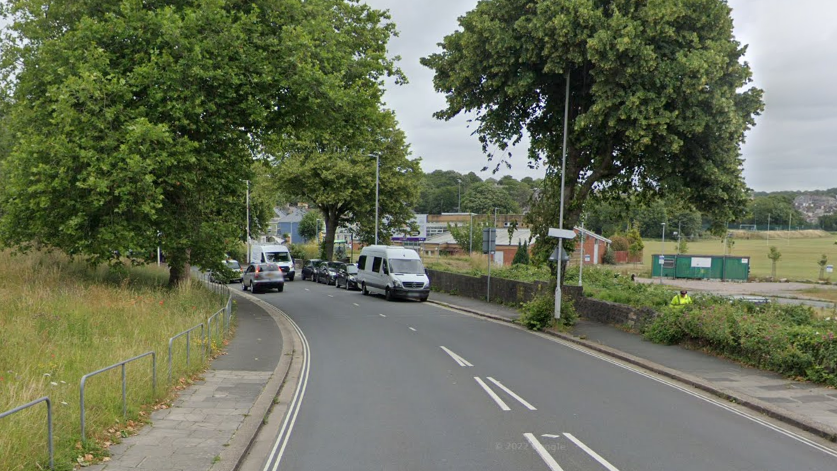 A streetview image of Kings Road. There are several cars parked along one side of the road, and a grassy patch on the other.
