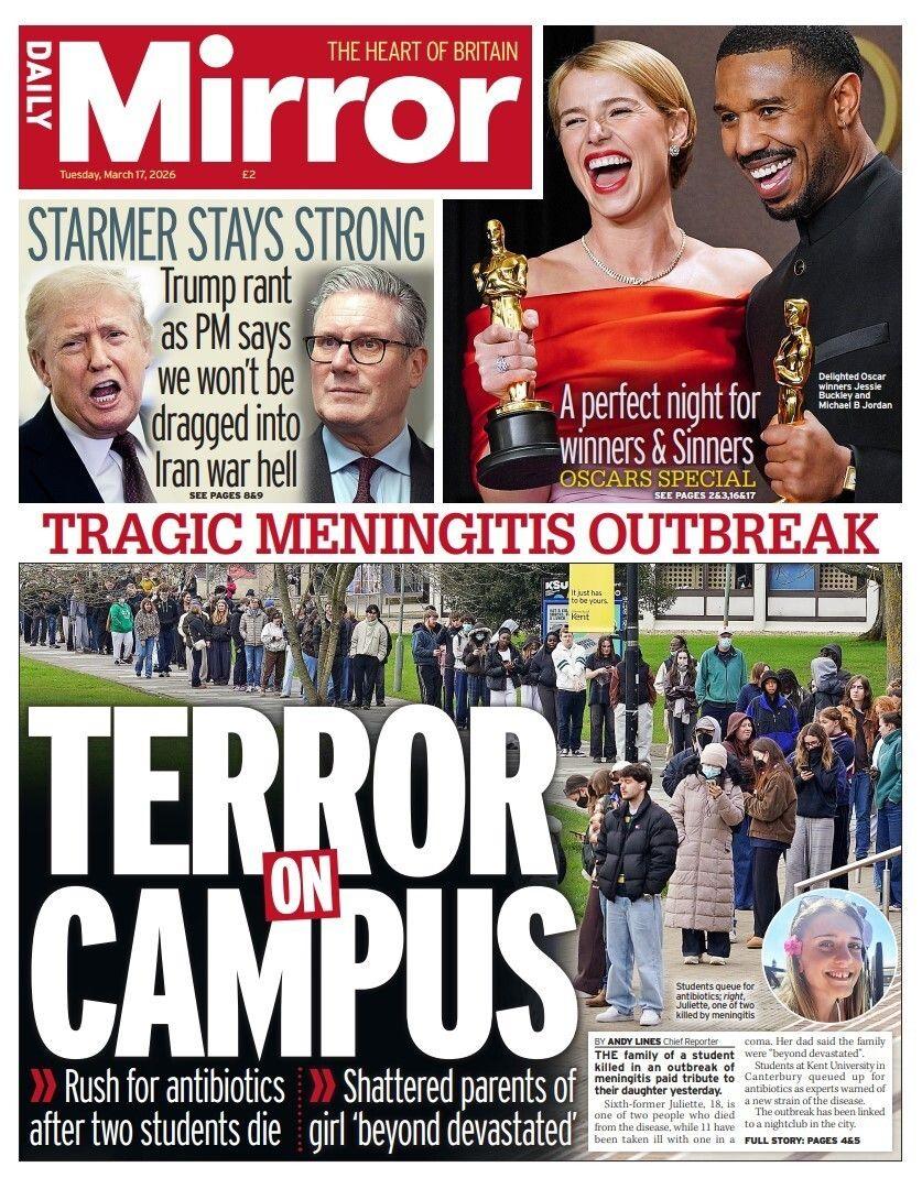 "Terror në kampus" është titulli kryesor në faqen e parë të Daily Mirror.