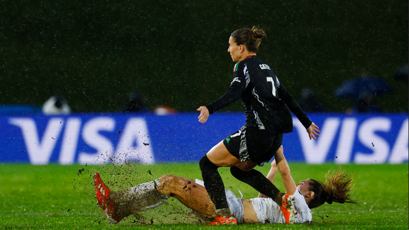 Arsenal's Steph Catley in action with Real Madrid's Signe Bruun