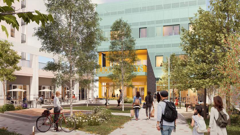 A CGI image of how the new community centre building in Blackbird Leys will look. People are walking in front of the building. One man with a bicycle is standing by the green space.