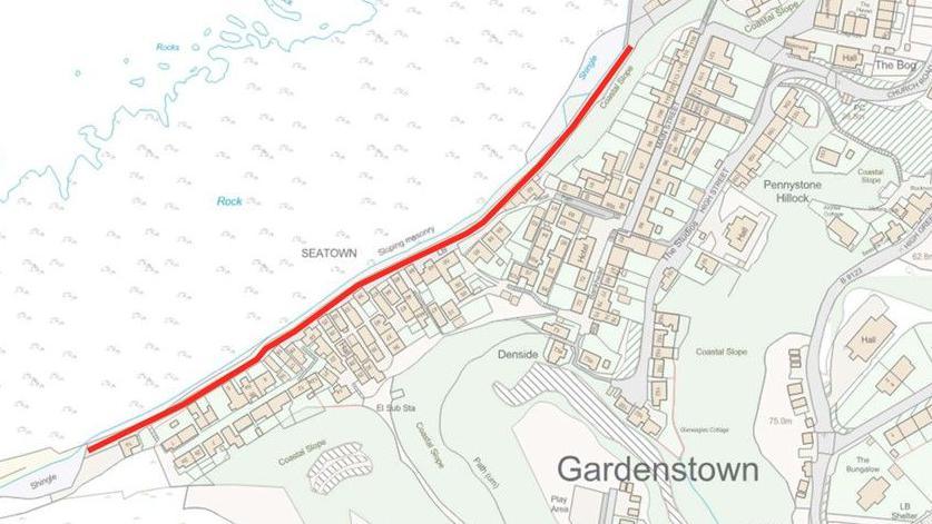 Map of Gardenstown showing a road closure along the seafront.