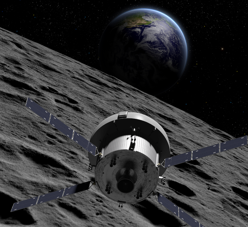 A cylinidrical spacecraft with four solar palanets emerging from it like an X flies over the lunar surface with the Earth in frun tof it inth eblackness of space