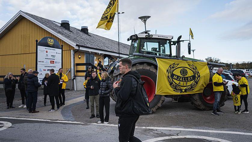 Jacob Bergstrom arrives at Strandvallen before Mjallby's game with IFK Norrkoping on 26 October 2025