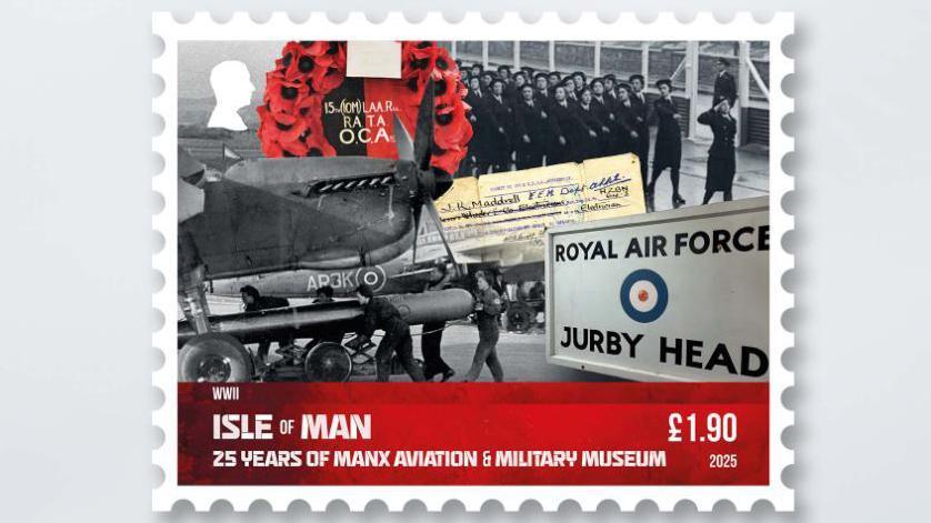 A close up of the World War Two stamp which shows a sign from RAF Jurby Head, a wartime aeroplane, and a red wreath of poppies.
