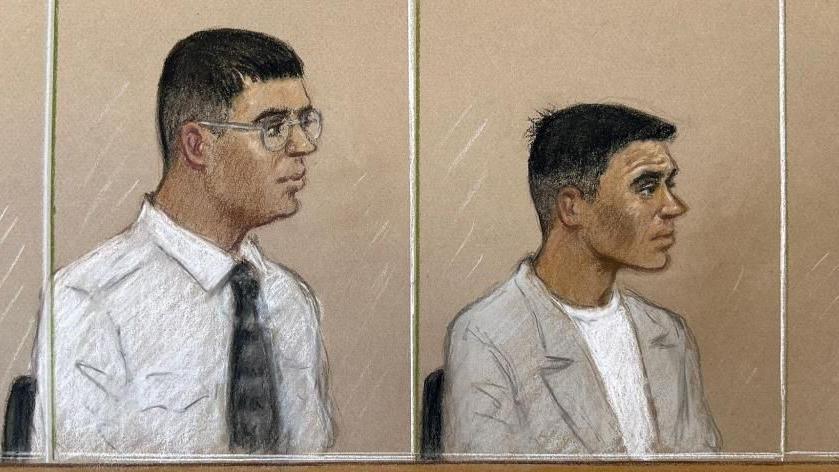 Nandito Badea and George Stana sketched by an artist. They sit behind a glass screen looking ahead of them wearing smart clothes