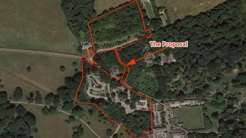 An aerial view showing the areas where Trelissick's proposed car parks and pedestrian crossing would be