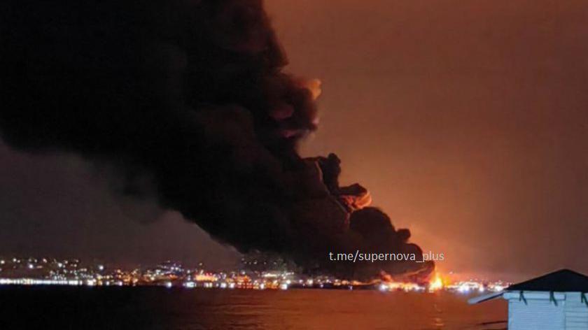 Smoke and flames billow from an oil terminal in Crimea