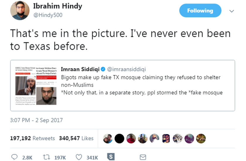 Ibrahim Hindy's tweet pointing out that his photo was being used in the fake story.