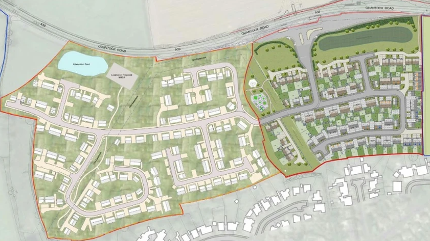 Housing plans proposed by the developer. A red line outlines the development which is south of the A39 Quantock Road.