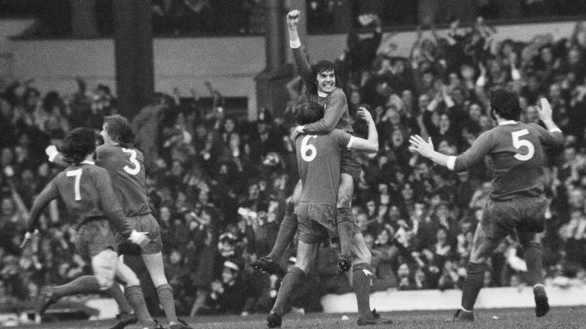 Peter Cormack celebrates with Liverpool