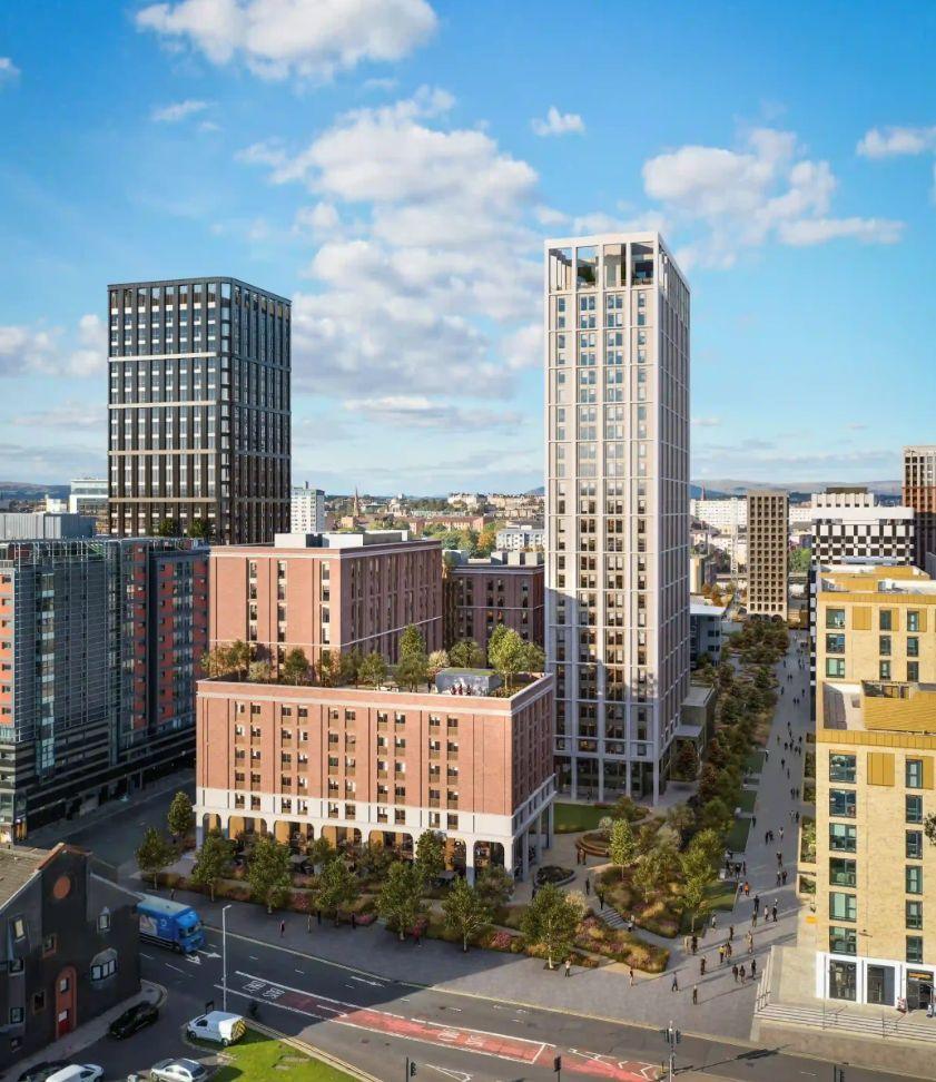 Artist's impression showing several large buildings, including a large white tower and a red brick building with a terrace on top 