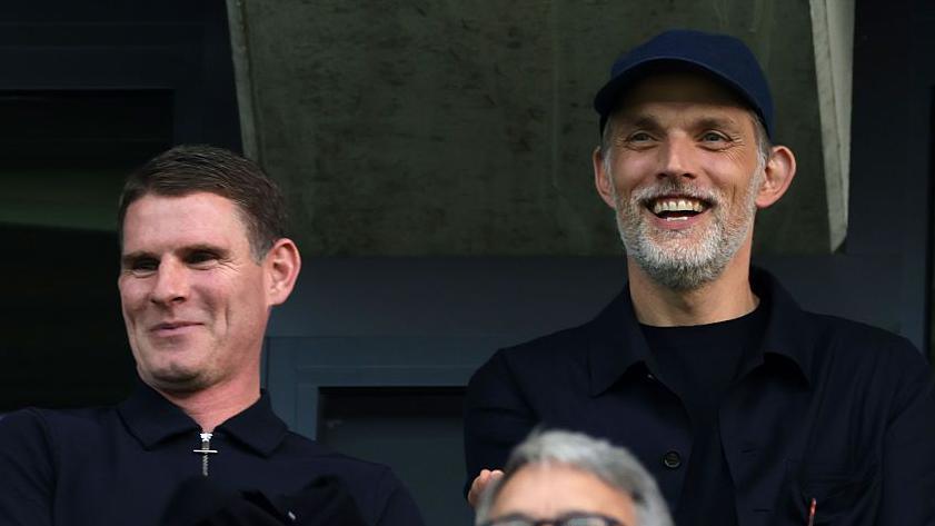 Anthony Barry and Thomas Tuchel watch the 2025 Under-21 European Championship final