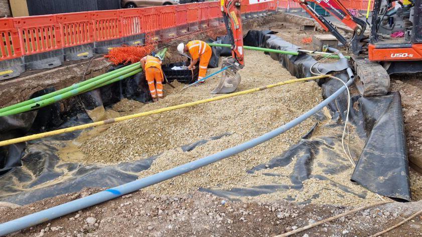 A construction site with a dug out piece of land with several colourful pipes running around it. Two construction workers in orange hi-vis can be seen kneeling down and working in the middle of it. A digger can be seen on the right and orange railings on the left.