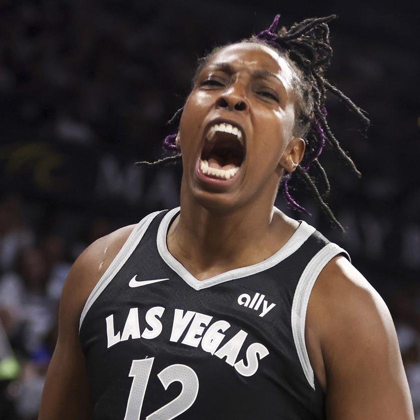 Las Vegas Aces point guard Chelsea Gray reacts after failing to save a ball from going out of bounds against the Seattle Storm in the WNBA play-offs. Photo by Ian Maule