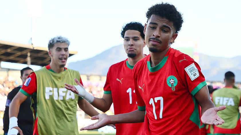 Yassine (front) celebrates with his team-mates after scoring Morocco's third goal in their win over the US in the quarter-finals of the 2025 Under-20 World Cup