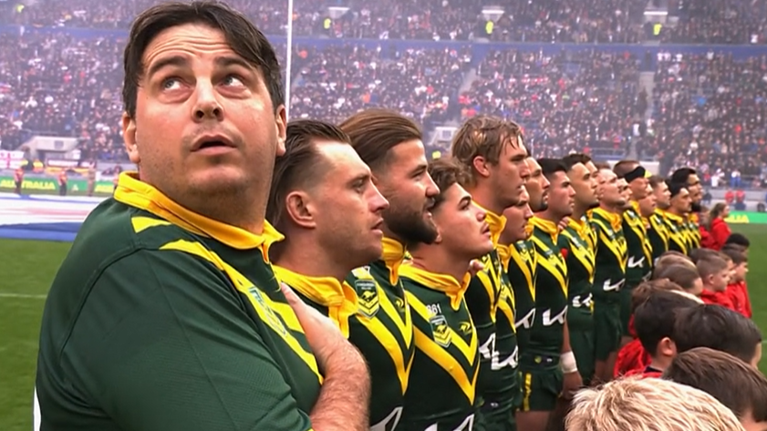 Australia team line up for the national anthem