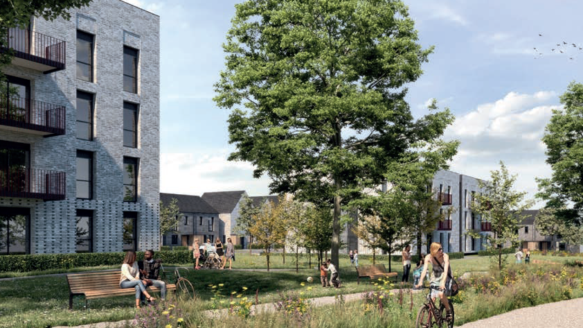 An artists' impression of Druids Heath post-regeneration shows apartment blocks with balconies in the summer, with people sitting on benches and riding bikes. There are areas of grass, trees and flowers.