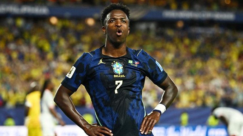 Brazil's Vinicius Jr celebrates scoring against Haiti at the 2026 World Cup