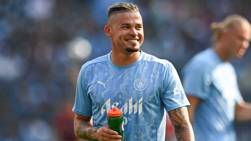 Manchester City's Kalvin Phillips smiles before a friendly against AC Milan in New York