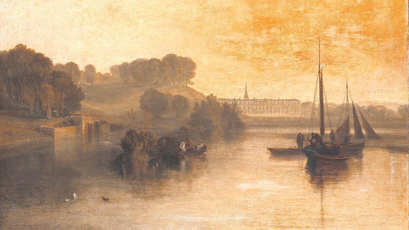 A Turner painting of small boats on a lake with Petworth House in the background