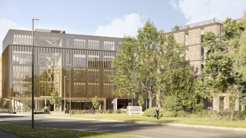 Artist's impression of college building and student halls